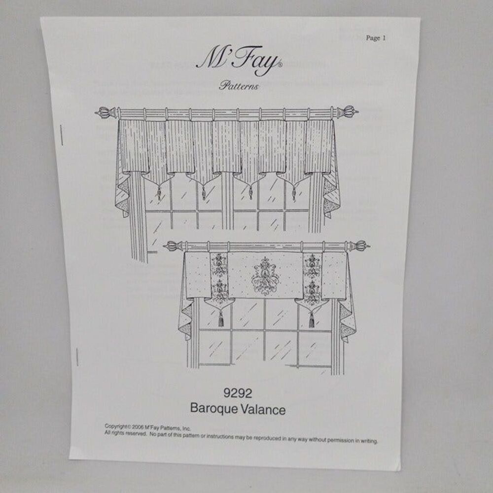 M'Fay Patterns Baroque Valance Pattern #9292-Window Treatment-2006-Uncut F/F - Picture 2 of 5